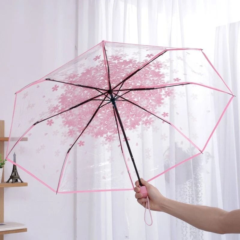 Cherry Blossom Transparent Trifold Umbrella Cute Korean Style Rain Umbrella 5