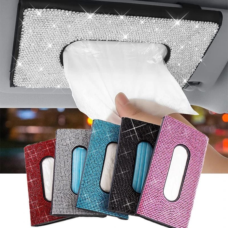 Bling Crystal Car Tissue Box Sun Visor Hanging Holder With Diamond Leather Design 0