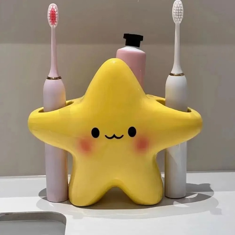 Cute Star Toothbrush Holder With Toothpaste Shelf Bathroom Organizer 0
