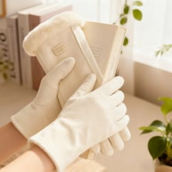 beige touchscreen winter gloves with plush lining for cold weather