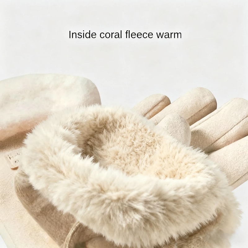 Beige Touchscreen Winter Gloves With Plush Lining For Cold Weather 6