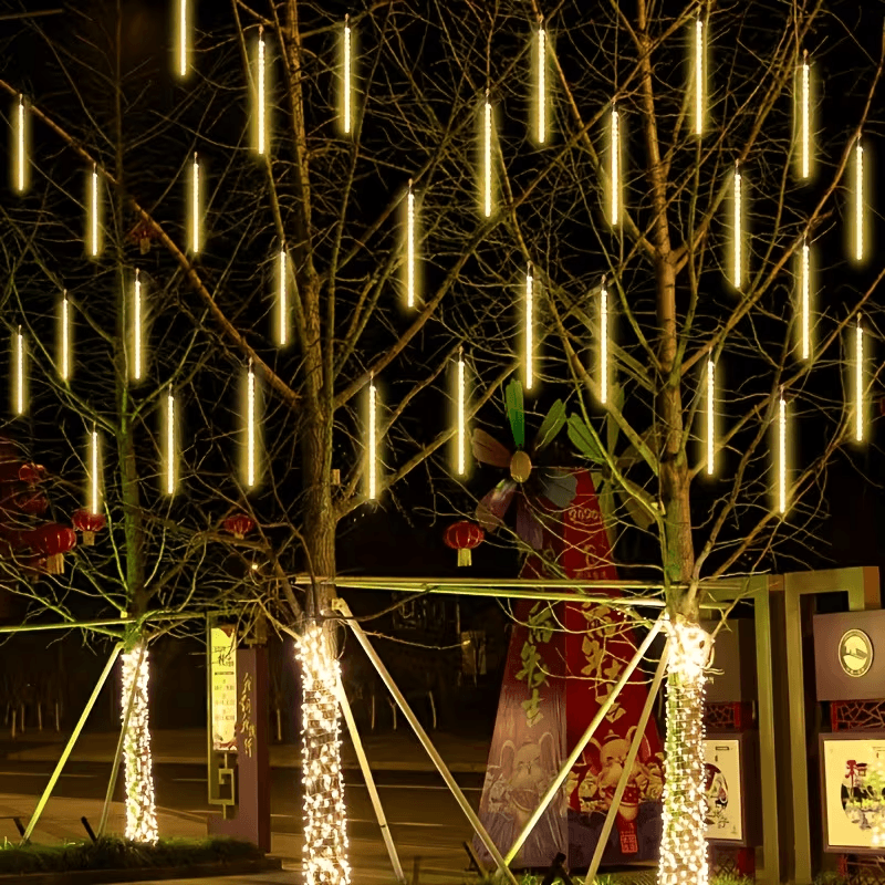 Outdoor party setup with snowfall LED icicles