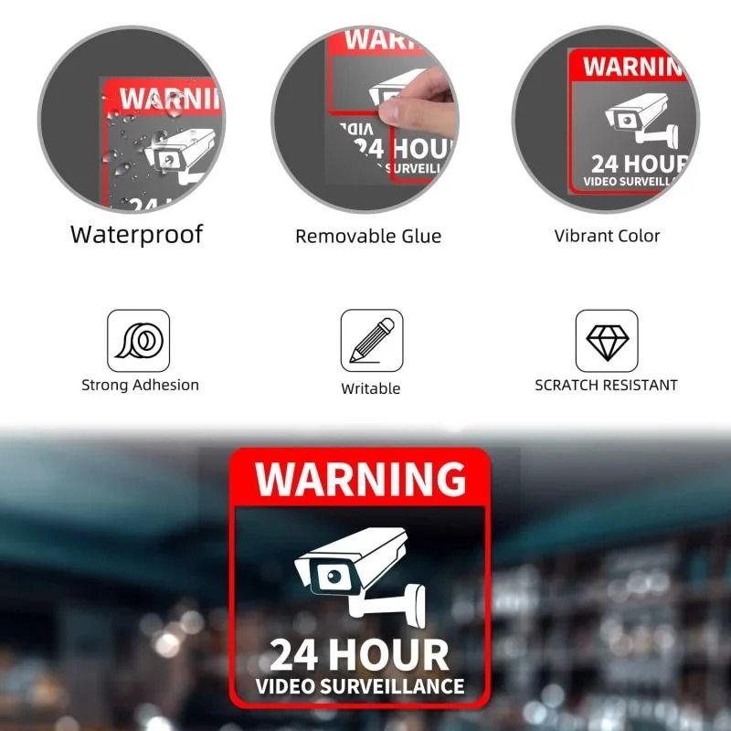 24 Hour Video Surveillance Warning Stickers Waterproof Security Signs Pack 5