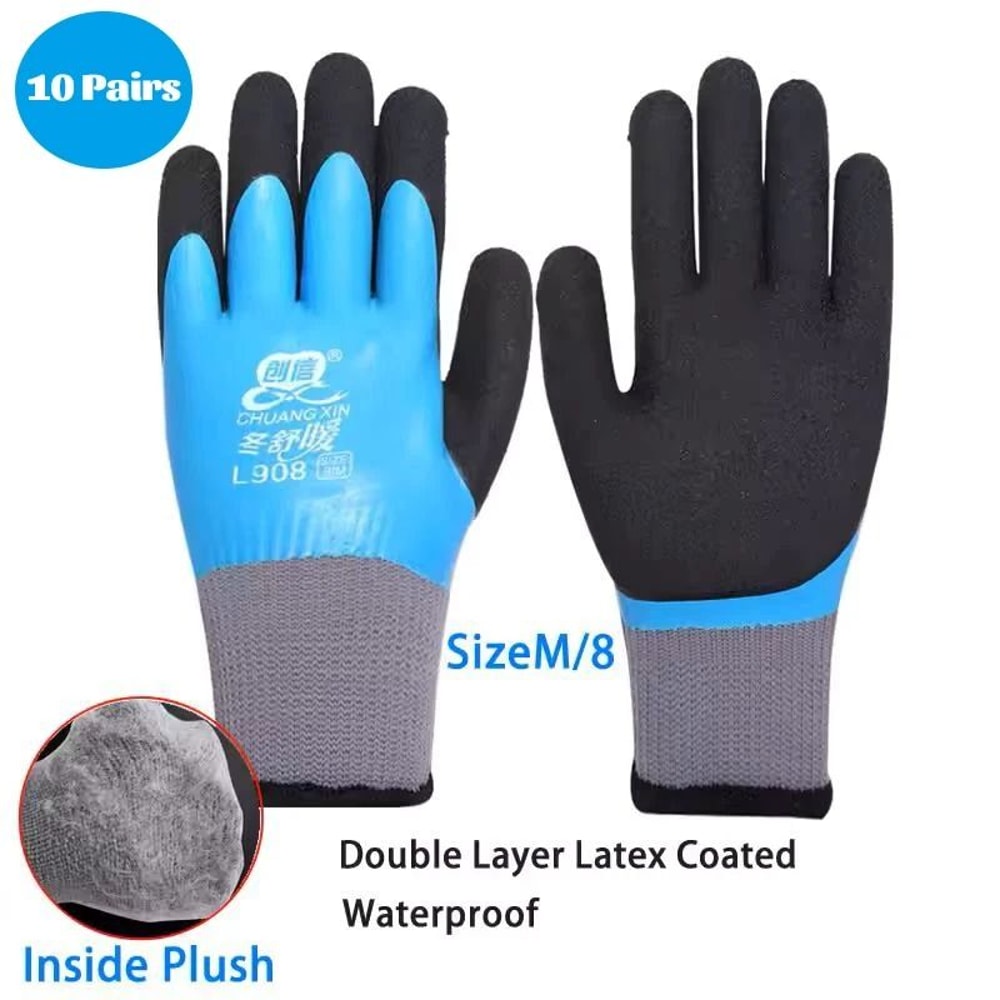 Winter Thermal Waterproof Work Gloves With Anti Slip Double Latex Coating 10 Pair Set 2