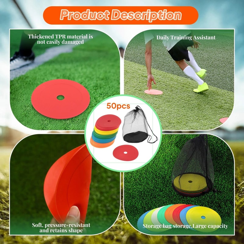 50 Piece Flat Training Cones Non Skid Sports Spot Markers Set 8