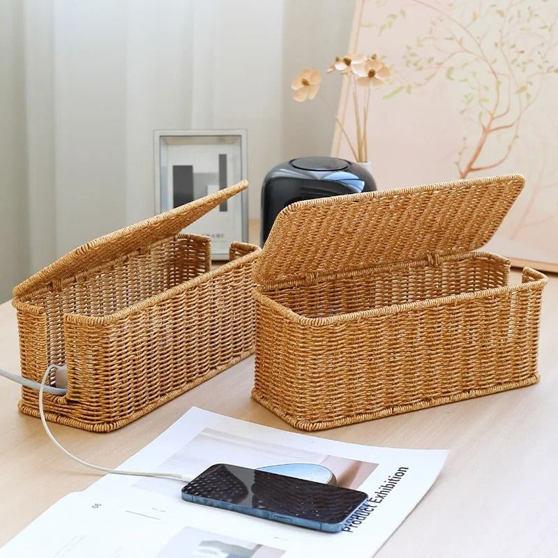 Handmade Rattan Cable Management Box Under Desk Cord Organizer 1