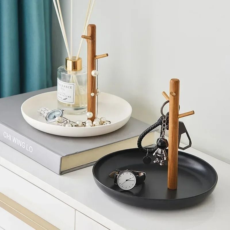 Nordic Bamboo Jewelry Tree Organizer With Storage Tray And Key Hanger 6