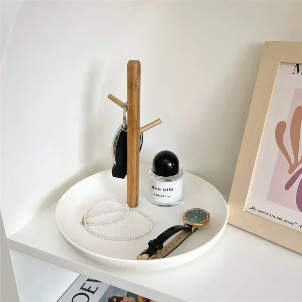 Nordic Bamboo Jewelry Tree Organizer With Storage Tray And Key Hanger 8