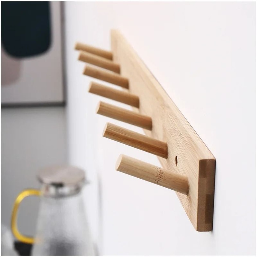 Nordic Bamboo Wall Mounted Hanger With Key Hooks For Entryway Storage 7
