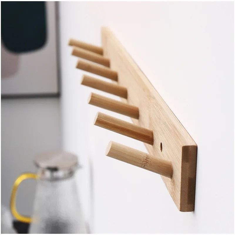 Nordic Bamboo Wall Mounted Hanger With Key Hooks For Entryway Storage 7