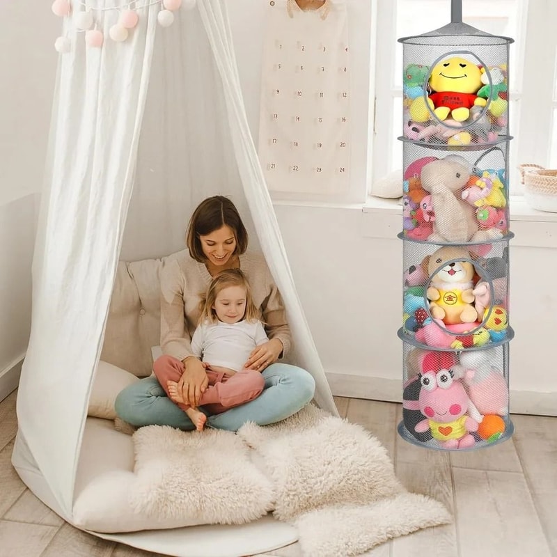 Foldable Hanging Toy Storage Hammock With 4 Compartments For Kids Rooms 10