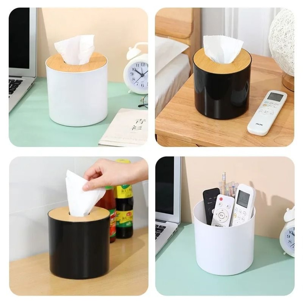 Circular Bamboo And Wood Tissue Box With Remote Control Storage For Living Room 8