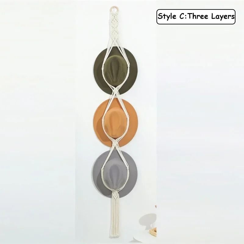 Nordic Boho Cotton Hanging Hat Organizer With Macrame Wall Storage 6