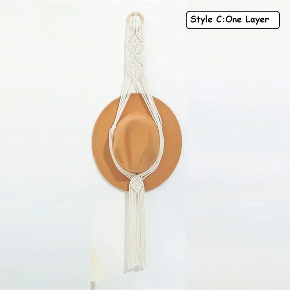 Nordic Boho Cotton Hanging Hat Organizer With Macrame Wall Storage 4