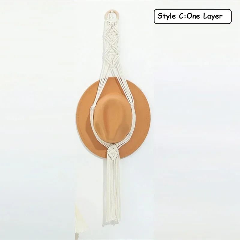 Nordic Boho Cotton Hanging Hat Organizer With Macrame Wall Storage 4