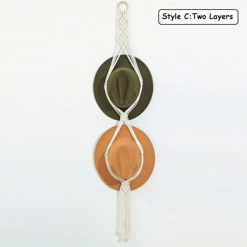 Nordic Boho Cotton Hanging Hat Organizer With Macrame Wall Storage 5
