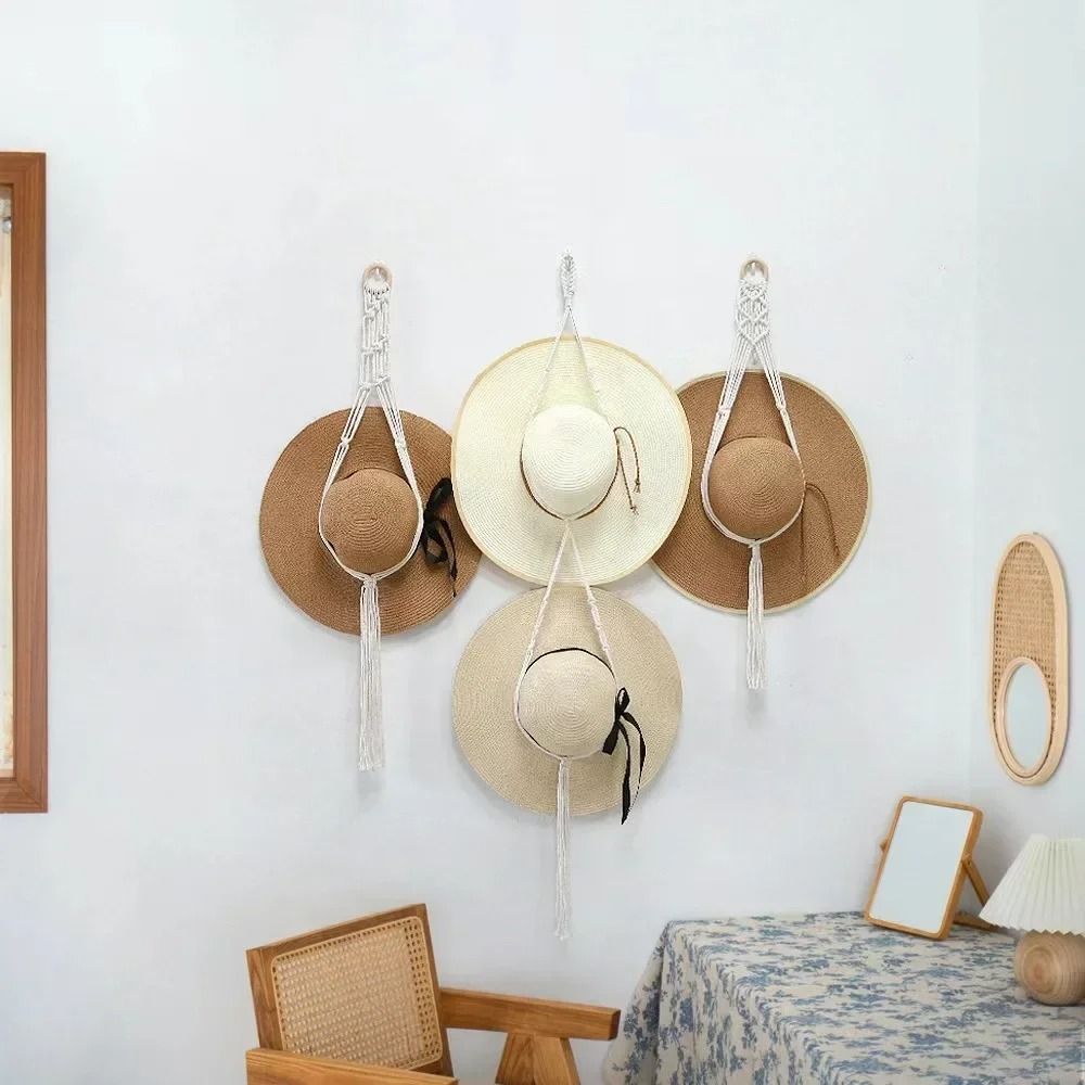 Nordic Boho Cotton Hanging Hat Organizer With Macrame Wall Storage 7