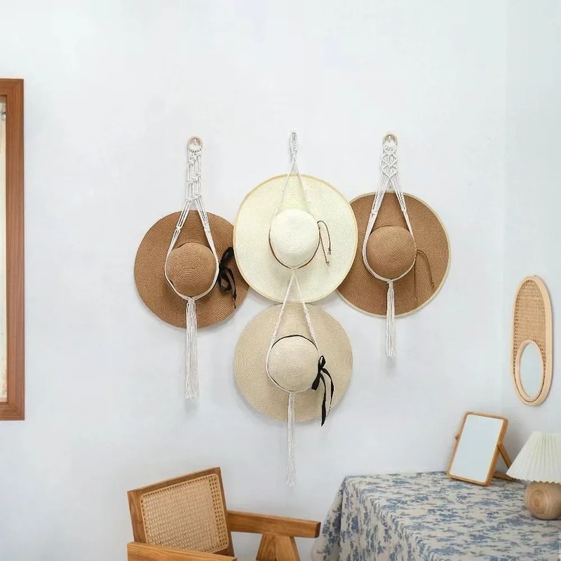 Nordic Boho Cotton Hanging Hat Organizer With Macrame Wall Storage 7
