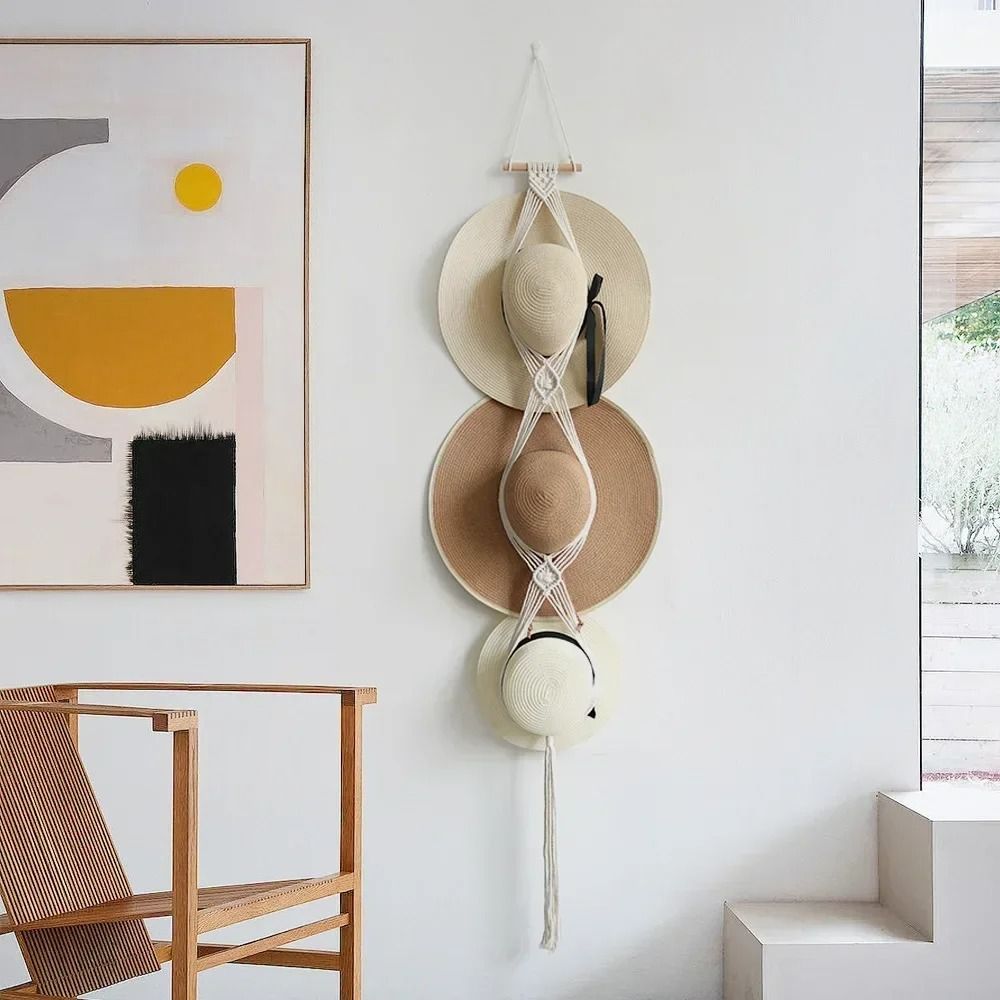 Nordic Boho Cotton Hanging Hat Organizer With Macrame Wall Storage 8