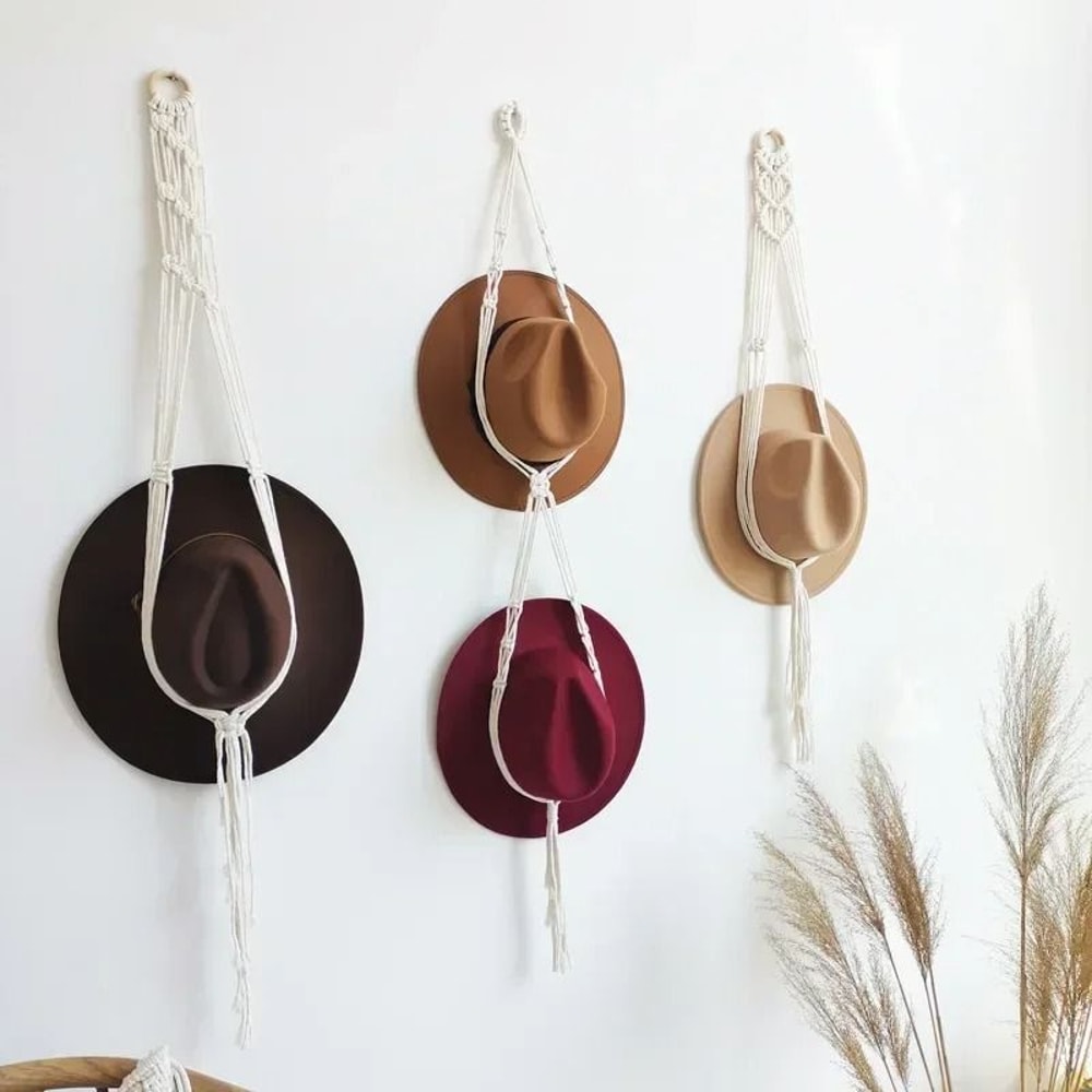 Nordic Boho Cotton Hanging Hat Organizer With Macrame Wall Storage 10