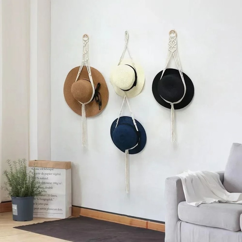 Nordic Boho Cotton Hanging Hat Organizer With Macrame Wall Storage 11