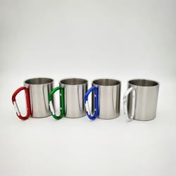 stainless steel camping mug with carabiner handle lightweight outdoor coffee cup