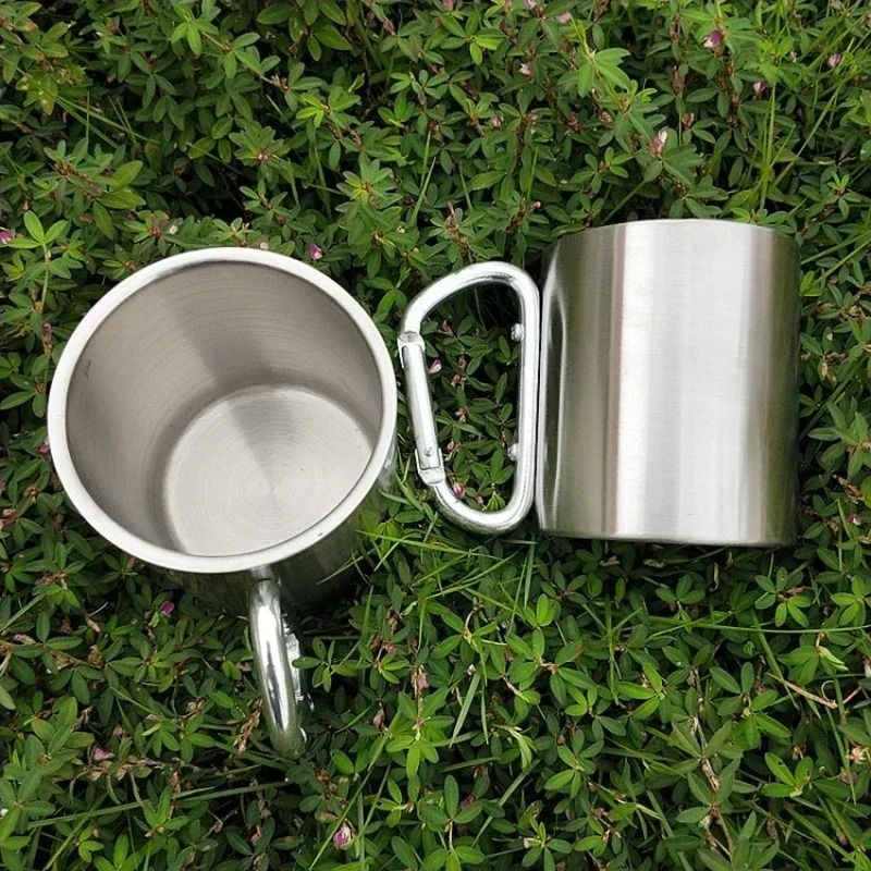 Stainless Steel Camping Mug With Carabiner Handle Lightweight Outdoor Coffee Cup 7