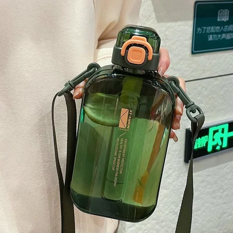 Slim Flat Water Bottle With Strap Transparent Travel Sports Canteen 12