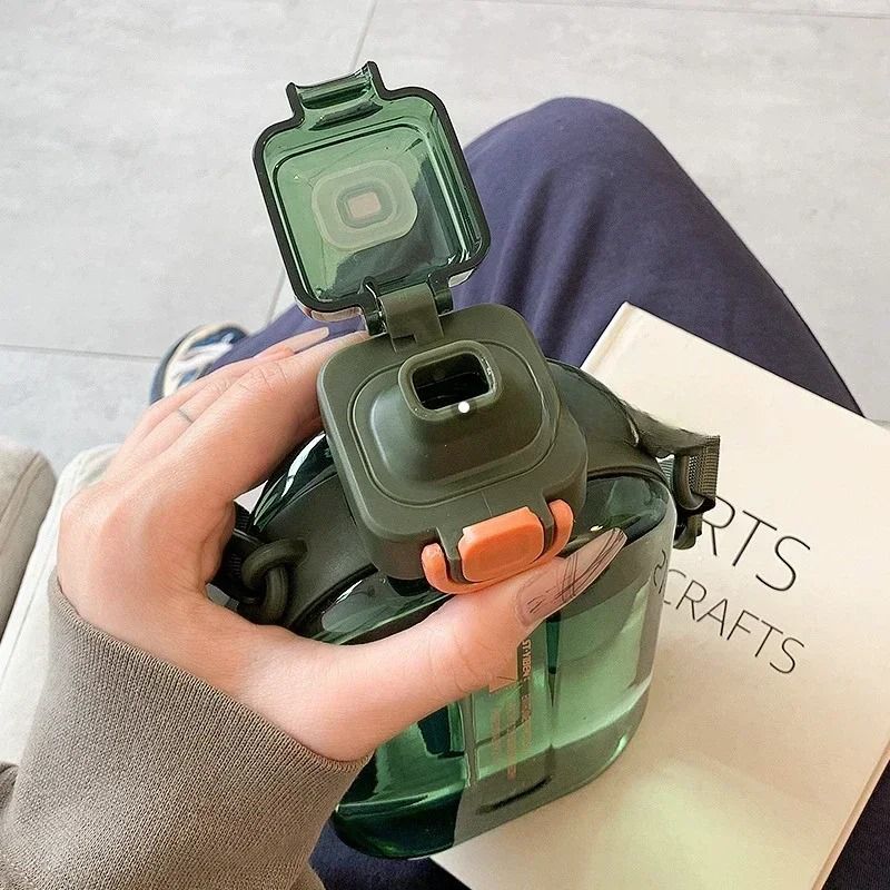 Slim Flat Water Bottle With Strap Transparent Travel Sports Canteen 14