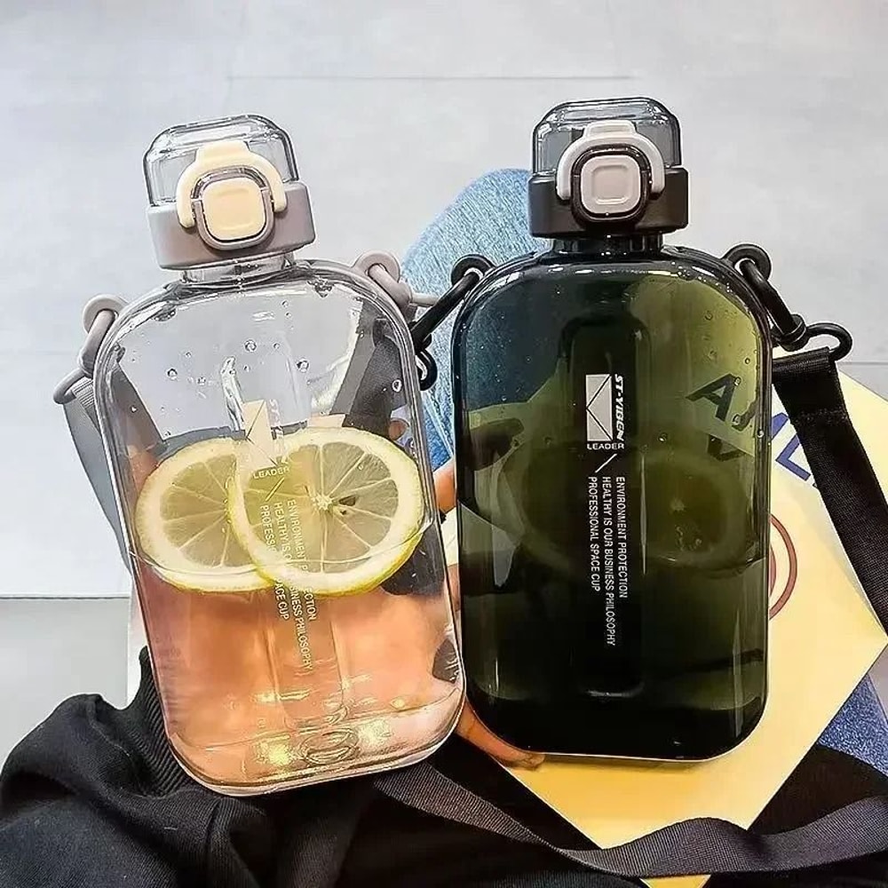Slim Flat Water Bottle With Strap Transparent Travel Sports Canteen 15
