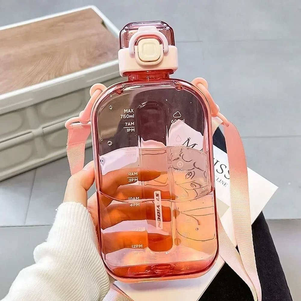 Slim Flat Water Bottle With Strap Transparent Travel Sports Canteen 6