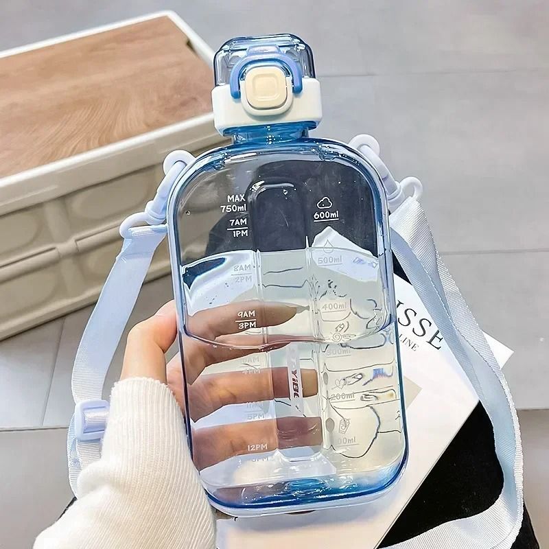 Slim Flat Water Bottle With Strap Transparent Travel Sports Canteen 4
