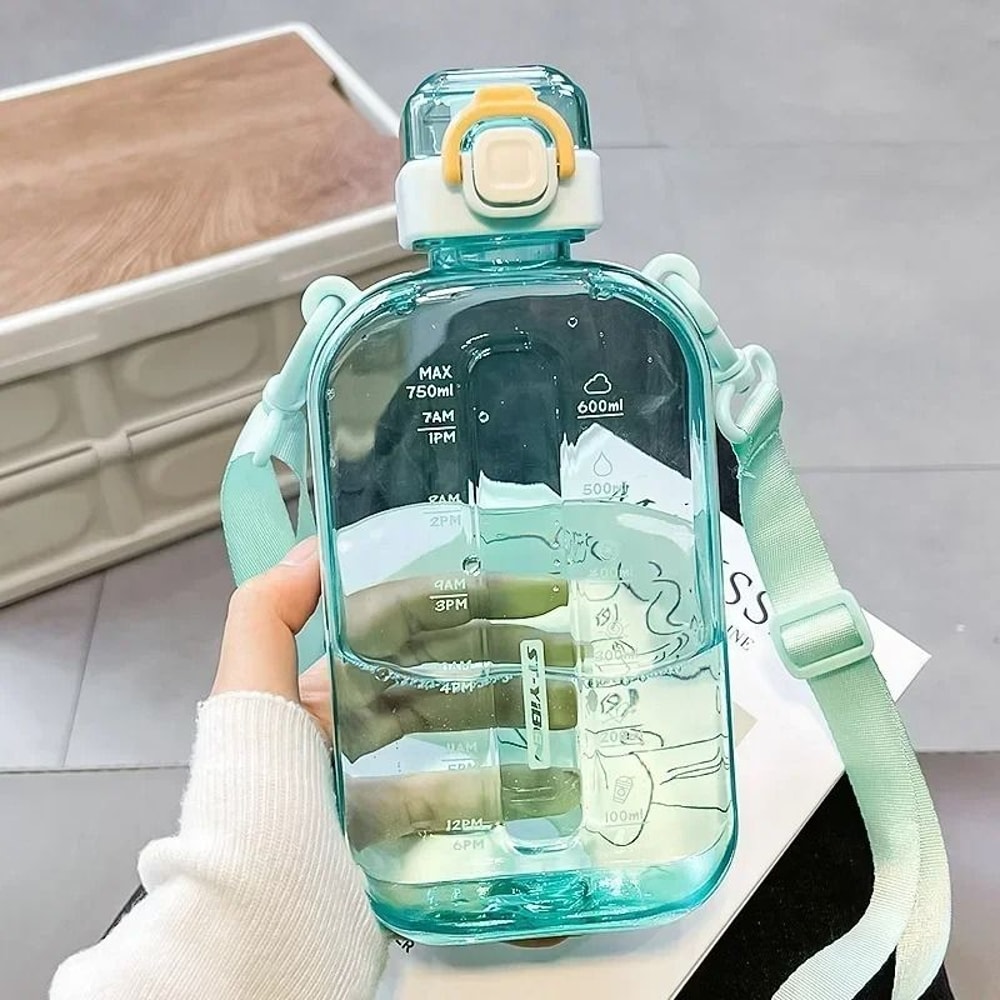 Slim Flat Water Bottle With Strap Transparent Travel Sports Canteen 5
