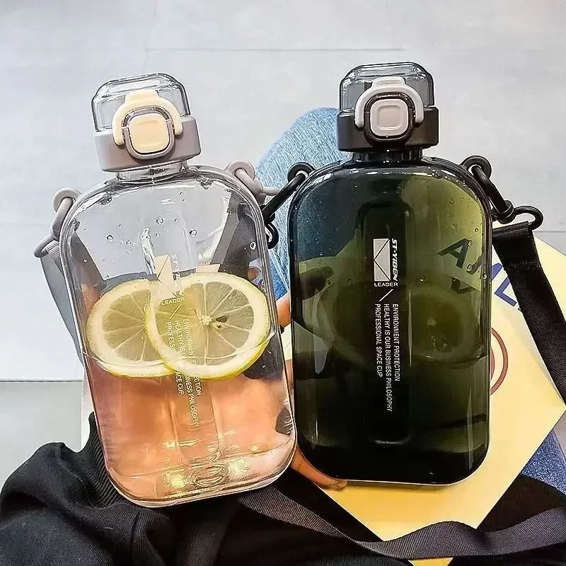Slim Flat Water Bottle With Strap Transparent Travel Sports Canteen 0
