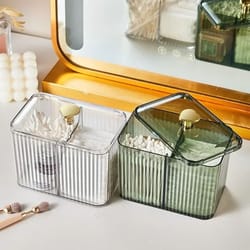 acrylic makeup organizer with dust proof cotton swab holder and cosmetic storage compartments
