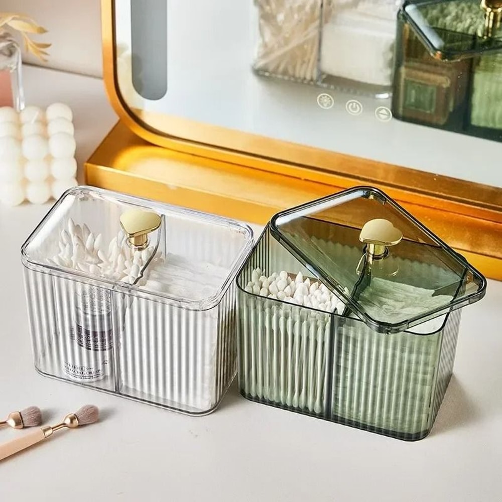 Acrylic Makeup Organizer With Dust Proof Cotton Swab Holder And Cosmetic Storage Compartments 8
