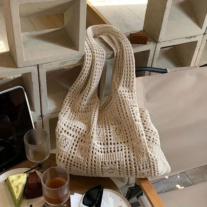 Knitted Shoulder Bag Woven Handbag Large Capacity Casual Tote For Women 2