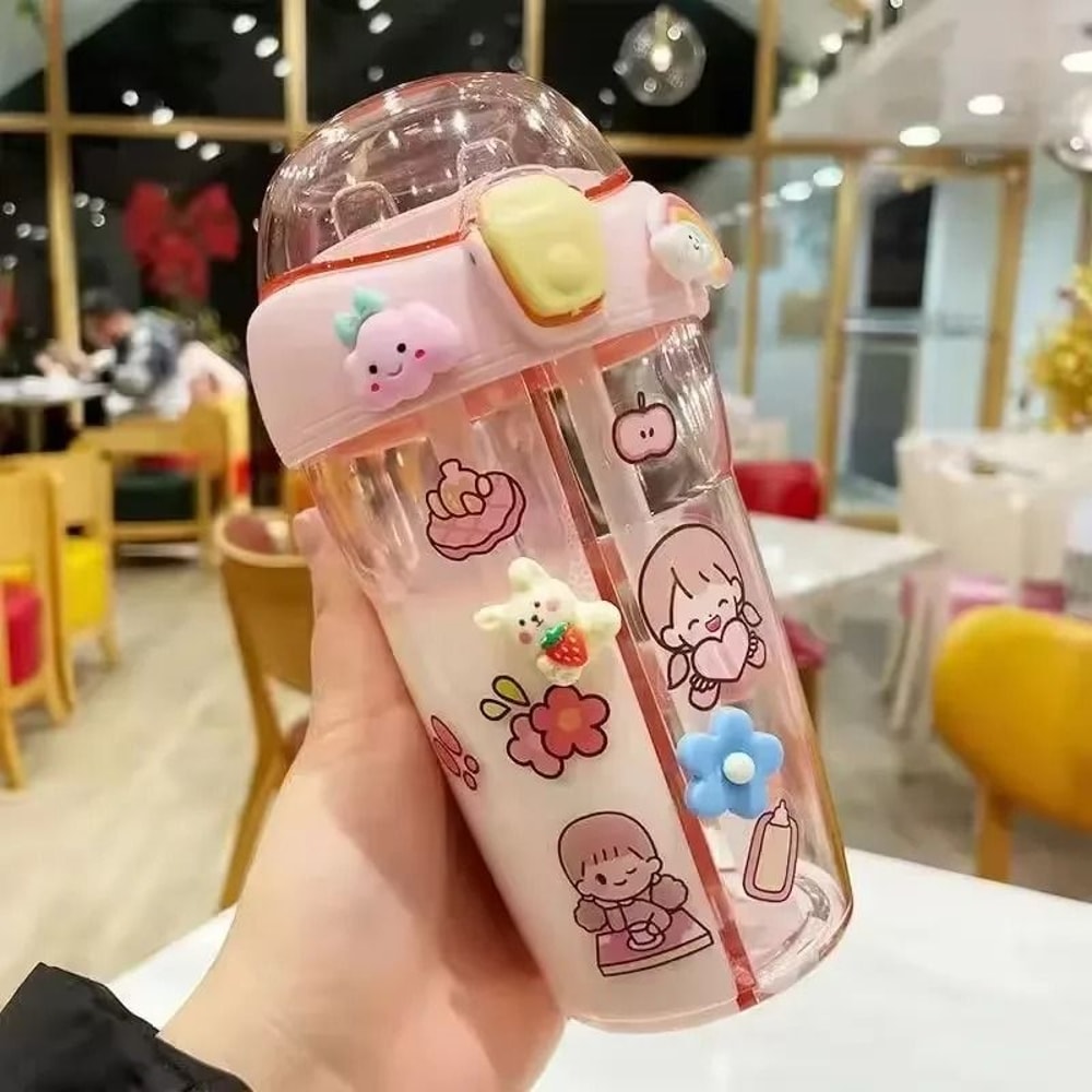Kids Water Bottle With Double Straw Leak Proof Cute Plastic Bottle 430ml 4