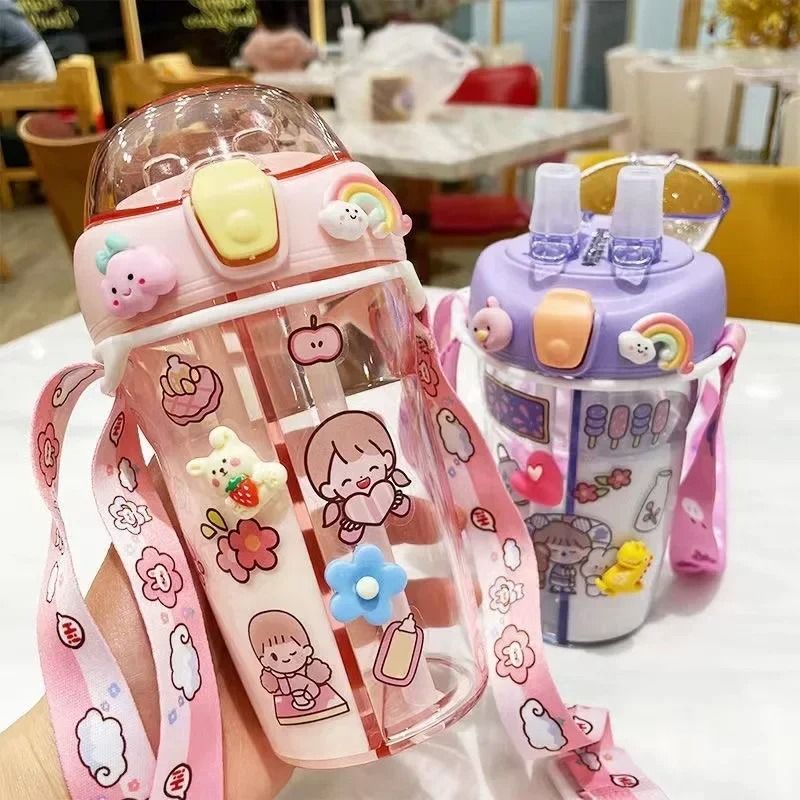 Kids Water Bottle With Double Straw Leak Proof Cute Plastic Bottle 430ml 8