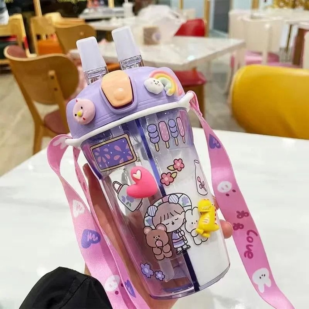 Kids Water Bottle With Double Straw Leak Proof Cute Plastic Bottle 430ml 6