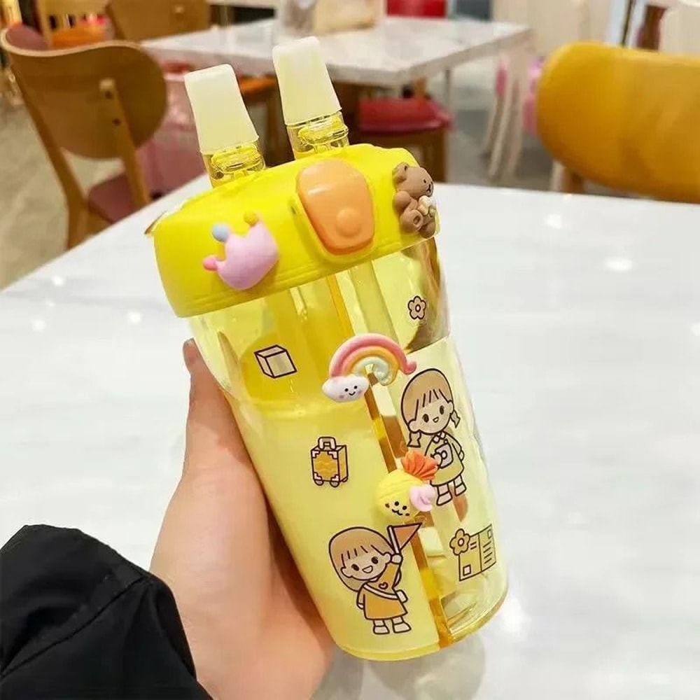 Kids Water Bottle With Double Straw Leak Proof Cute Plastic Bottle 430ml 3