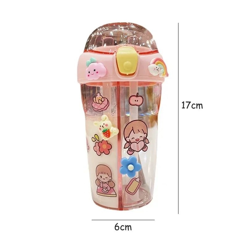 Kids Water Bottle With Double Straw Leak Proof Cute Plastic Bottle 430ml 9
