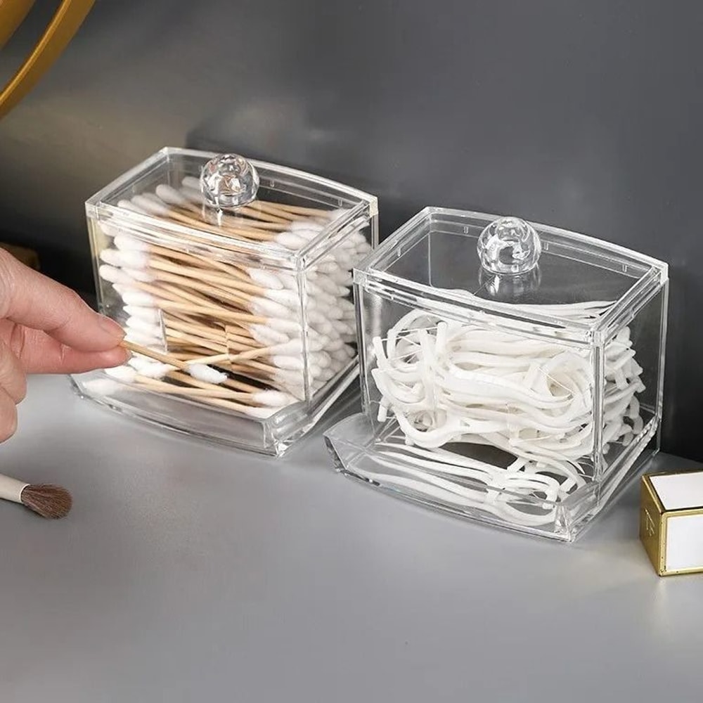Cotton Swab Holder With Bamboo Lid Clear Bathroom Storage Jar Organizer 9