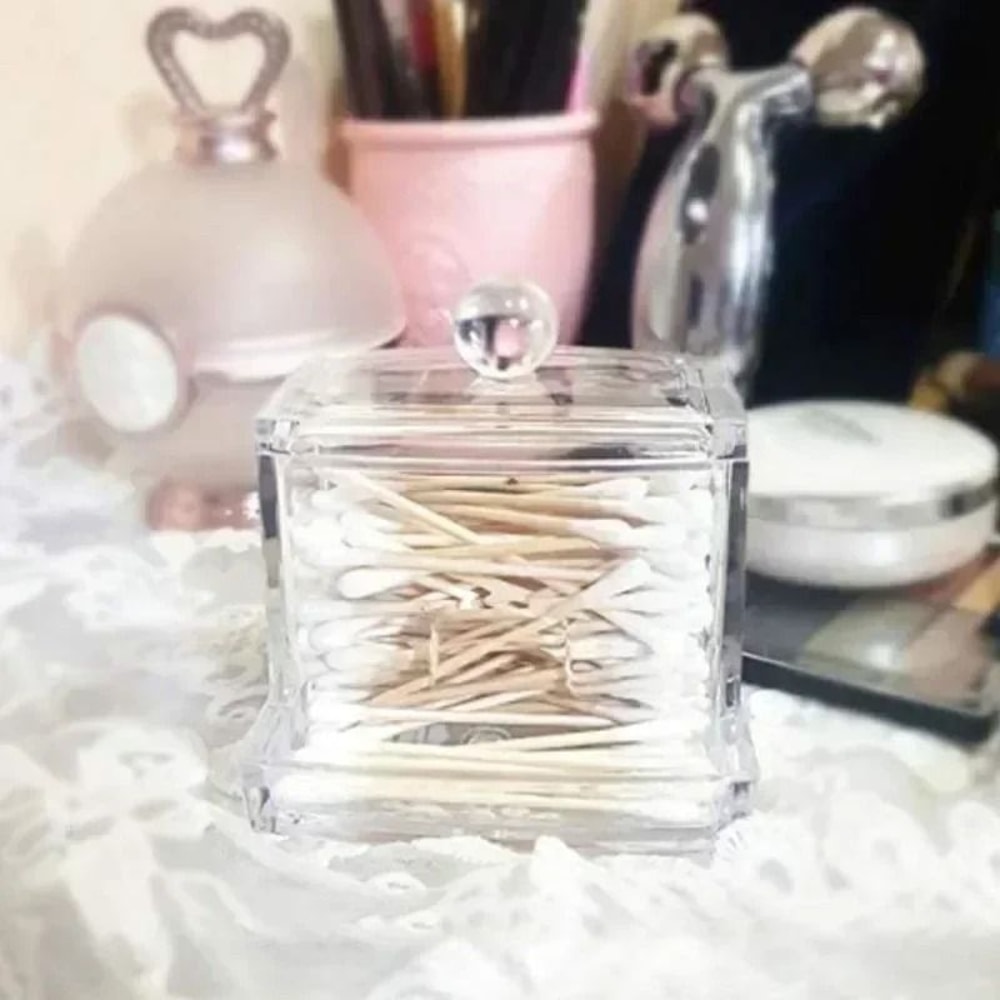 Cotton Swab Holder With Bamboo Lid Clear Bathroom Storage Jar Organizer 5