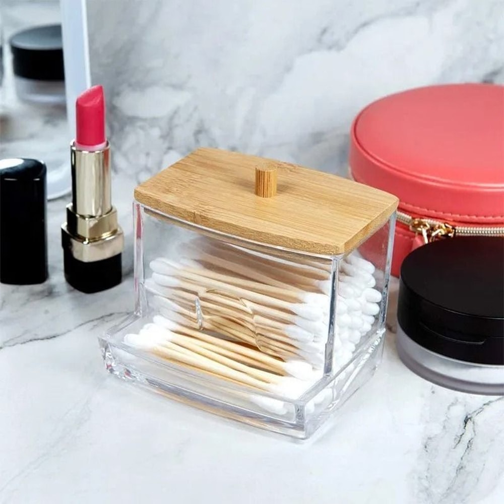 Cotton Swab Holder With Bamboo Lid Clear Bathroom Storage Jar Organizer 8