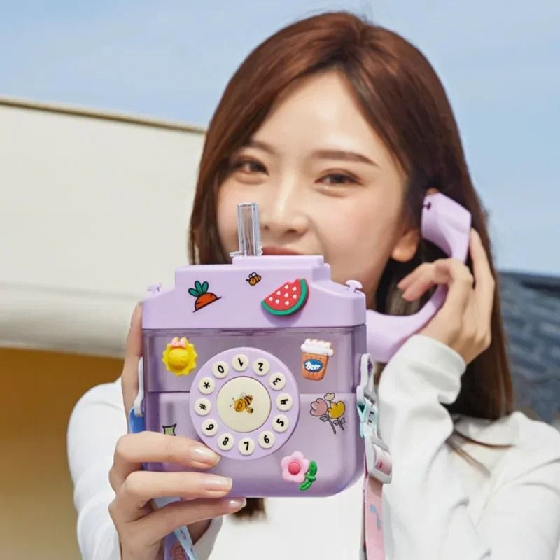 Telephone Shape Cute Water Bottle With Straw Kawaii Kids Plastic Bottle 400ml 10