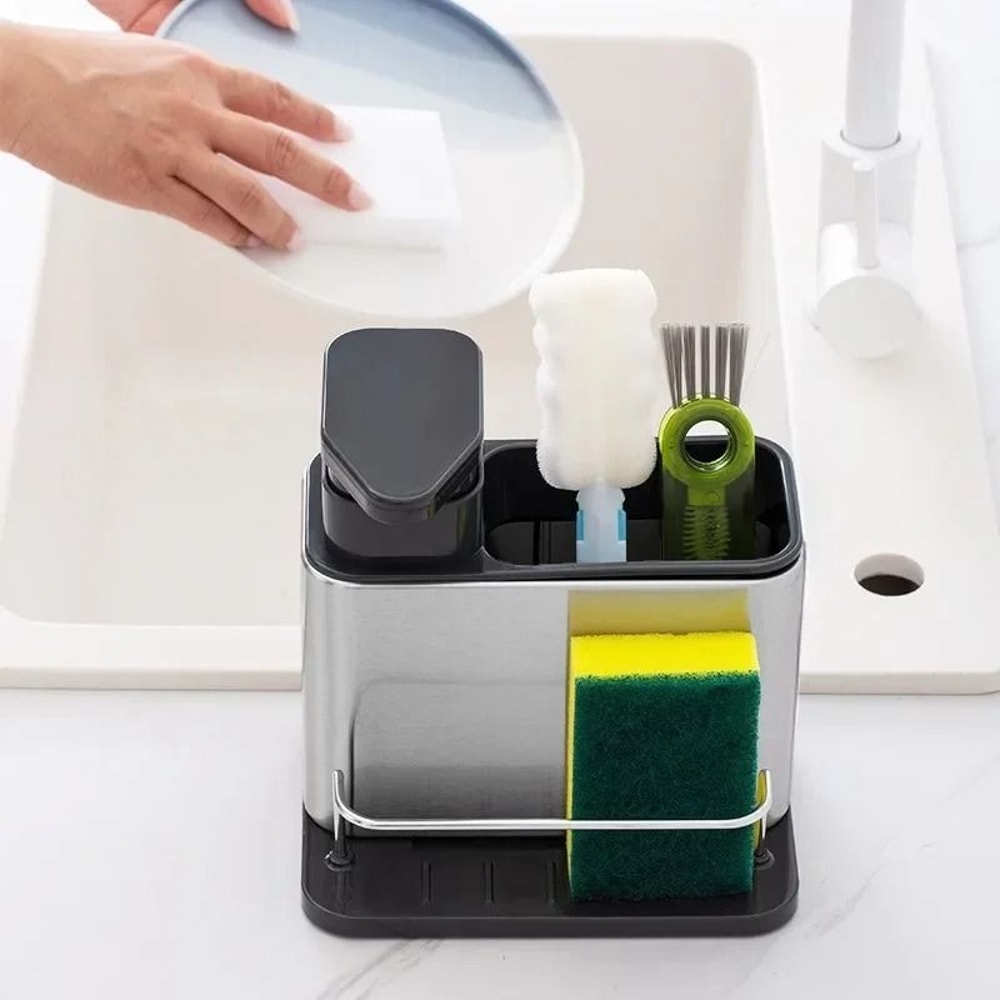 3 In 1 Kitchen Sink Organizer Stainless Steel Soap Dispenser And Sponge Holder 0