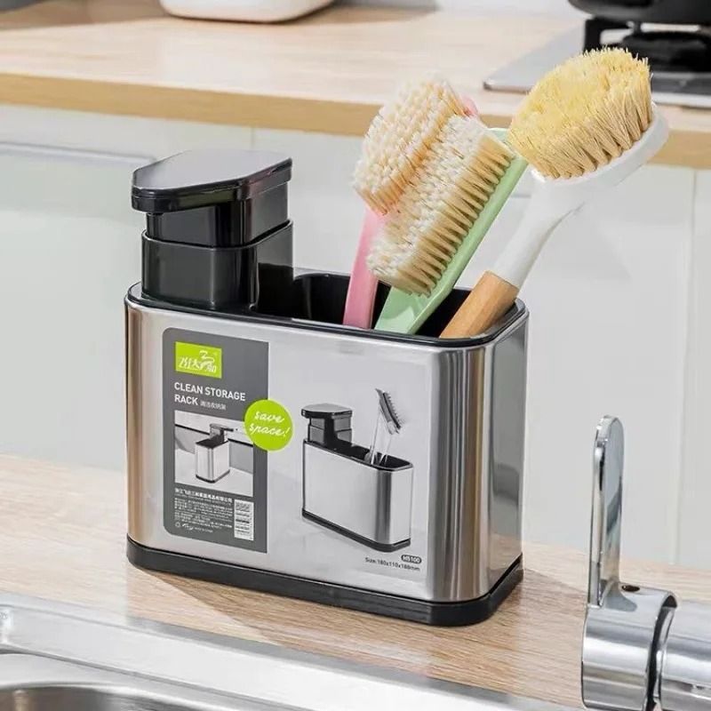 3 In 1 Kitchen Sink Organizer Stainless Steel Soap Dispenser And Sponge Holder 1