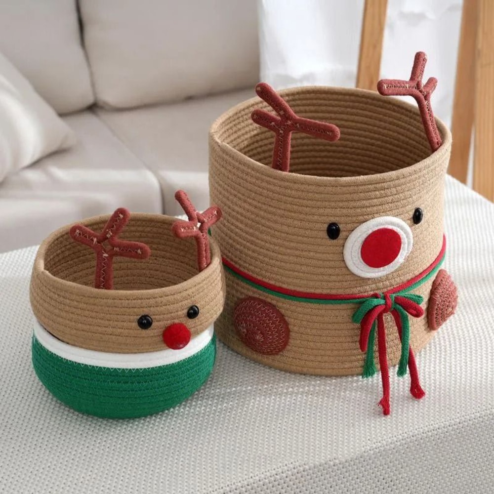 Christmas Reindeer Cotton Rope Woven Storage Basket Large Capacity Home Organizer 4