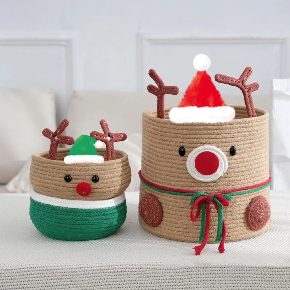 Christmas Reindeer Cotton Rope Woven Storage Basket Large Capacity Home Organizer 7